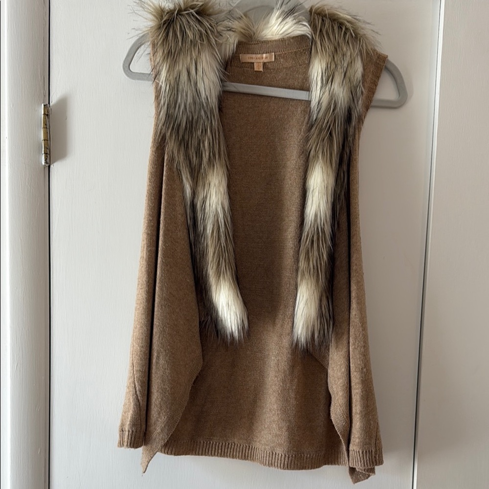 Skies Are Blue Brown and Gray Shrug with Plush Fur Trim